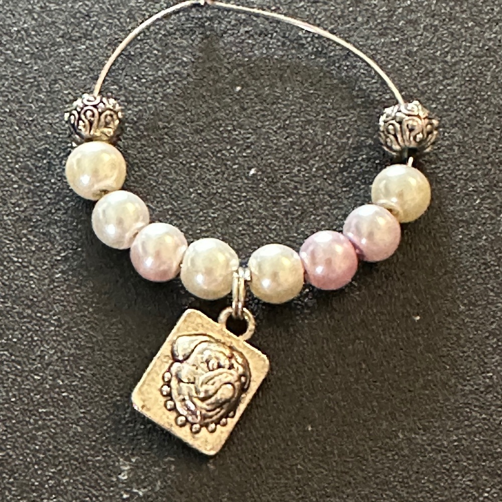 Wine glass tag stainless steel hoop pink/white/metal beads, dog charm
